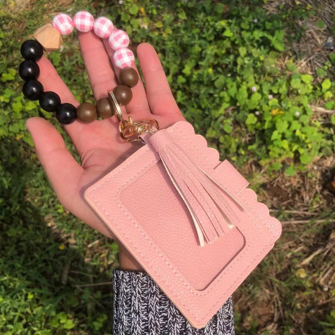 Wholesale Christmas Colorful Beads PU Tassel Bracelet Coin Purse Keychain